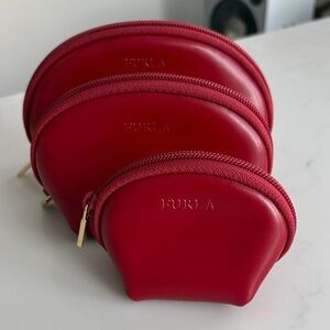 Furla Scarlet Red Leather Nesting Pouch Set of 3 Cosmetic, Travel, Makeup Bags